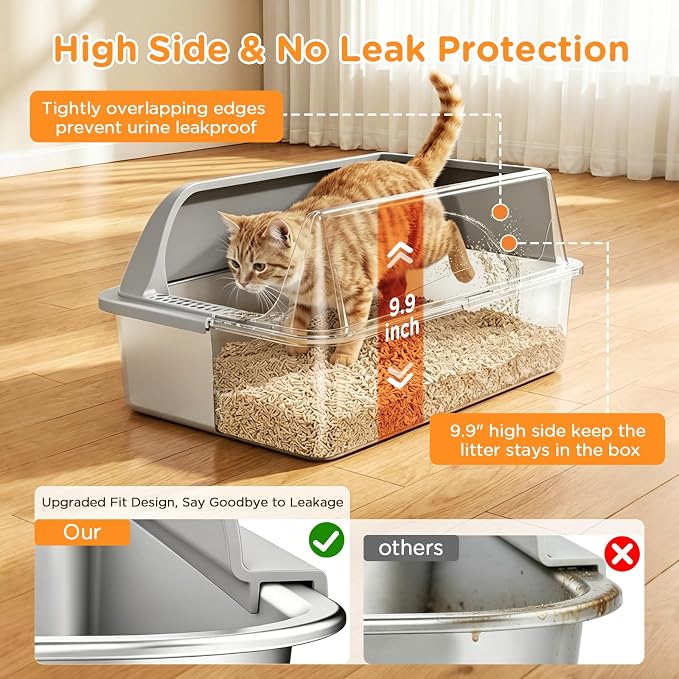 Aphyxen 2Pack XL Stainless Steel Litter Box with High Sides Shield for Multi Cats, 23 "L x 14.61 "W x 9.9 "H Open Top Cat Box for Big Cats, Anti-Leak Non-Stick Odor Control, 2 Scoops (Light Grey)