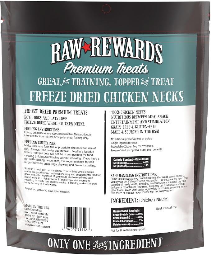 Northwest Naturals Raw Rewards Freeze-Dried Chicken Neck Treats for Dogs and Cats - Whole Neck - Healthy, 1 Ingredient, Human Grade Ingredients, All Natural, Proudly Made in USA, 4 Oz
