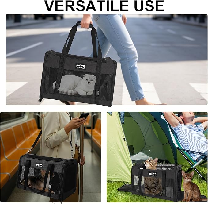 Soft Sided Cat Carrier for Large Cats, Pet Carrier for 2 Cats or Small Dogs Up to 25Lbs, Large Cat Carrier with Shoulder Strap, Cat Car Carrier with Safety Rope, Cat Carriers 20x13x13 inches, Black