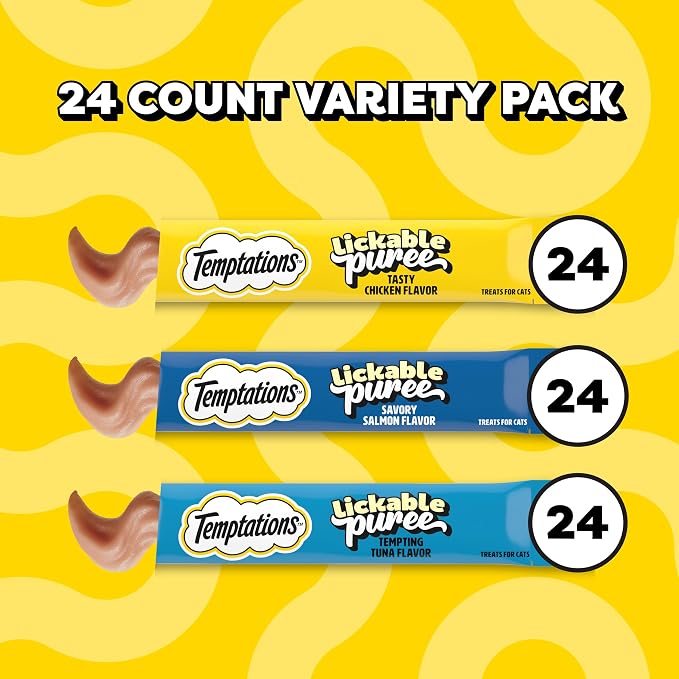 Temptations Creamy Puree Squeezable Lickable Cat Treats, Wet Cat Treats with Chicken, Salmon, and Tuna Variety Pack, 0.42 oz. Tubes, 24 Count, Pack of 3 (72 Total)