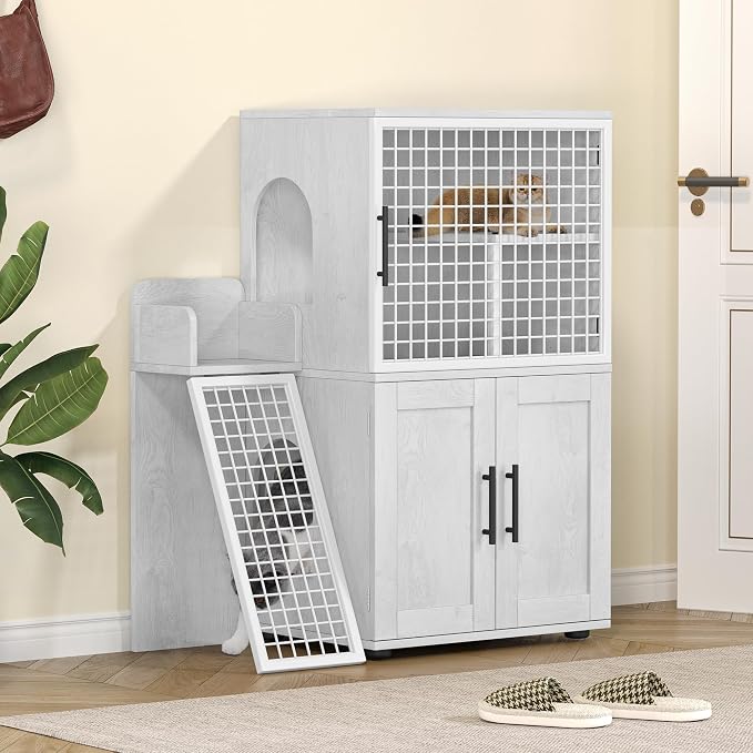 Cat Litter Box Enclosure Furniture with Double Layer Design, Hidden Litter Box & Lounge Villa for Indoor Cats - Includes Ladder, Platform, and Washroom Space for Living Room, Antique White