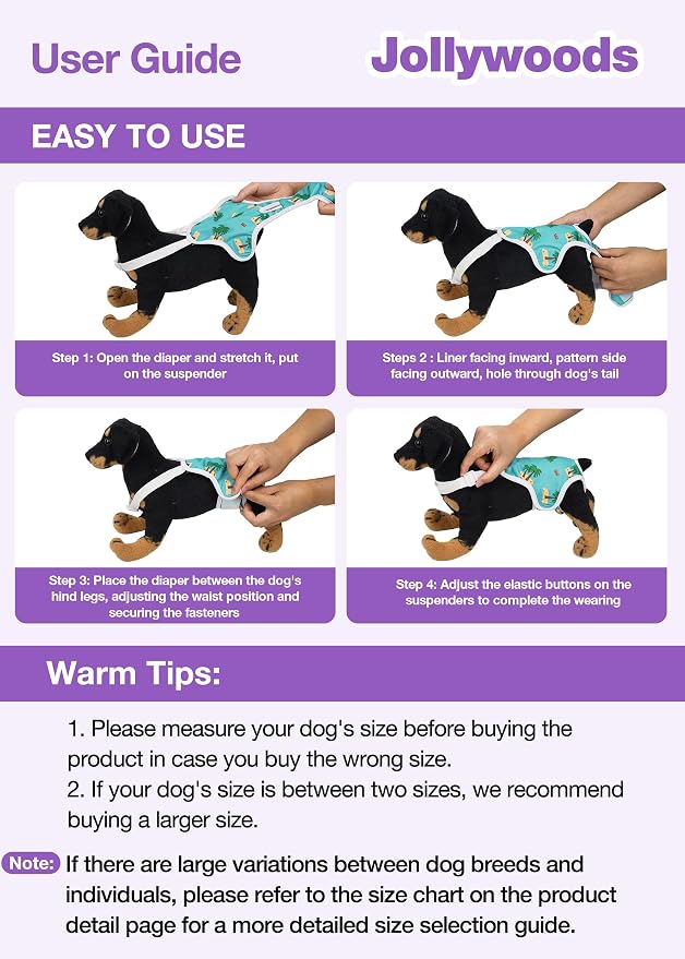 Jollywoods 3 Pack Washable Female Dog Diaper Onesie Sanitary Pantie with Adjustable Suspender, Reusable Fixed Doggie Diapers, Super Absorbent Leakproof for Small Medium Large Dog in Heat Cycle XL