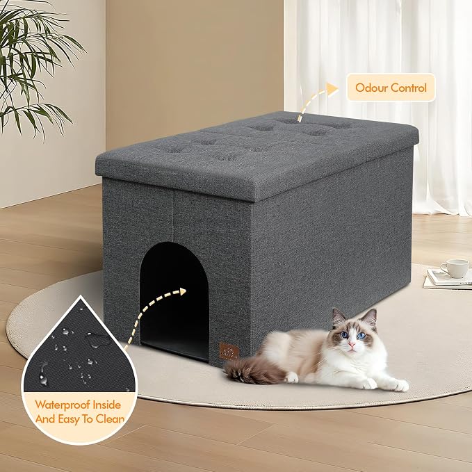 Zerbuger Cat Litter Box Enclosure Furniture for Odor Control, Hidden Cabinet Cats Litter Ottoman with Flip-Up Lid,Cat Litter Box Bench with Storage Space, Dog Proof(Grey, X-Large)
