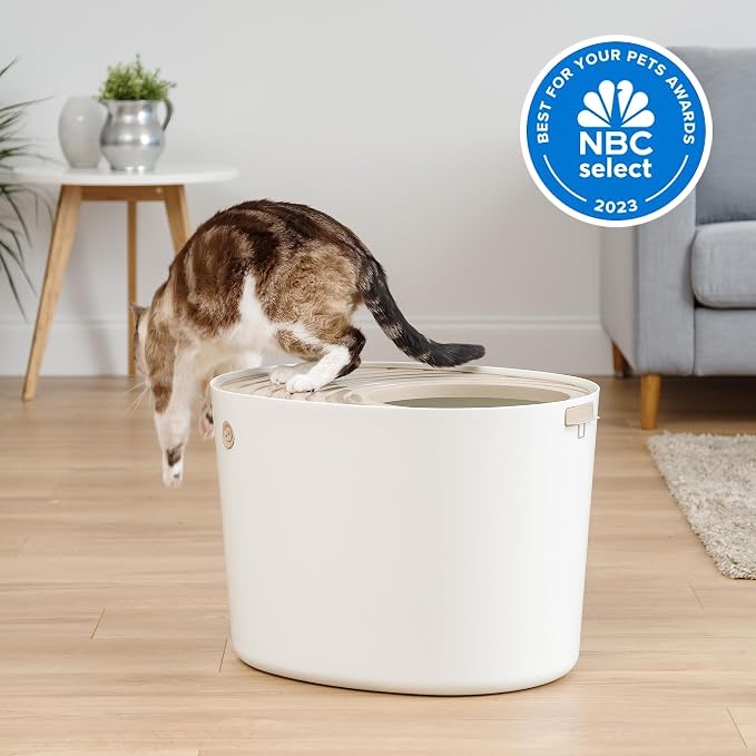 IRIS USA Large Round Top Entry Cat Litter Box with Scoop, White/Beige and 10 Lbs / 12.75 Qt WeatherPro Airtight Pet Food Storage Container set, Particle Catching Grooved Keep Pests Out, Clear Black