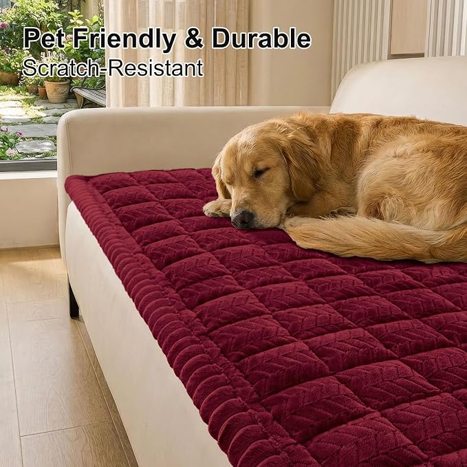 Smiry Couch Cover for Dogs, Non Slip Fuzzy Pet Sofa Covers Washable for 3 Cushion Couch, Soft Thick Furniture Protector for Cats Dogs, Against Fur, Dirt, Scratch Resistant (Red, 27.6"x88")