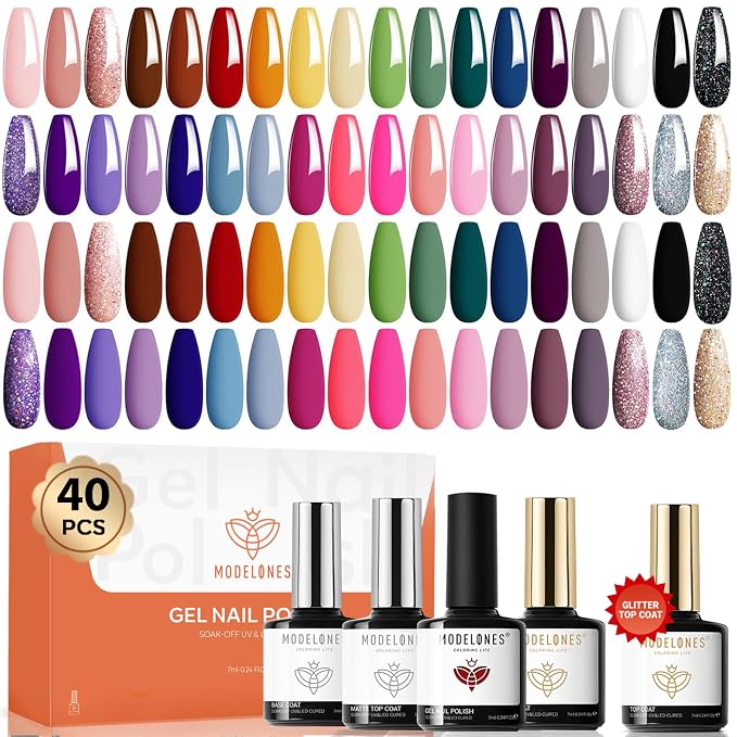 modelones 40 Pcs Gel Nail Polish Set, 36 Colors Mothersday Red Nude Brown Yellow Pink White Black Gel Nail Polish Kit Purple Blue Nail Art with Base Coat& Matte Glitter Glossy Top Coat DIY LED Gift