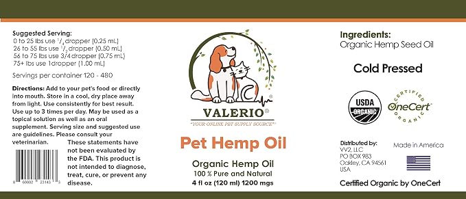 Valerio Pets Hemp Oil for Dogs and Cats , 4 Oz , - Hemp Oil Drops with Omega Fatty Acids - Hip and Joint Support and Skin Health