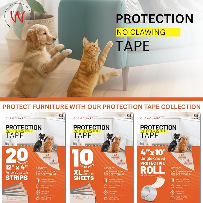 CLAWGUARD Protection Tape Strips β 20 Pre-Cut 12x4 in Scratch Barriers β Door Scratch Protector Dog & Cat β Couch Protector from Cat Claws