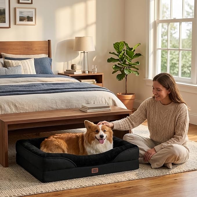 EHEYCIGA Orthopedic Dog Bed for Medium Dog, 35x22 Inch Memory Foam Dog Couch Bed with Sides, Waterproof Liner & Washable Removable Cover, Bolster Pet Sofa, Black