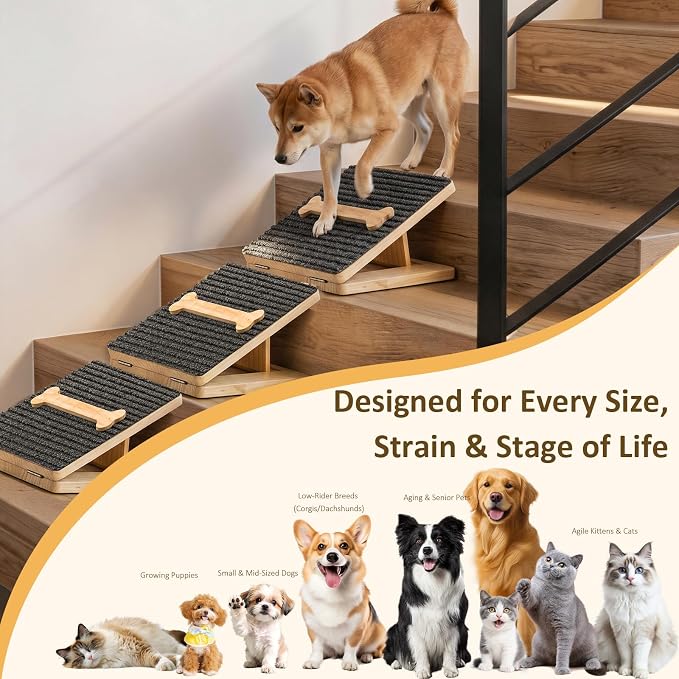 Dog Ramp for Stairs 2 Pack – Foldable Anti-Slip Wooden Pet Steps for Small Dogs, Adjustable Low-Angle Wedge Stair Ramp for Senior, Short-Legged & Injured Pets