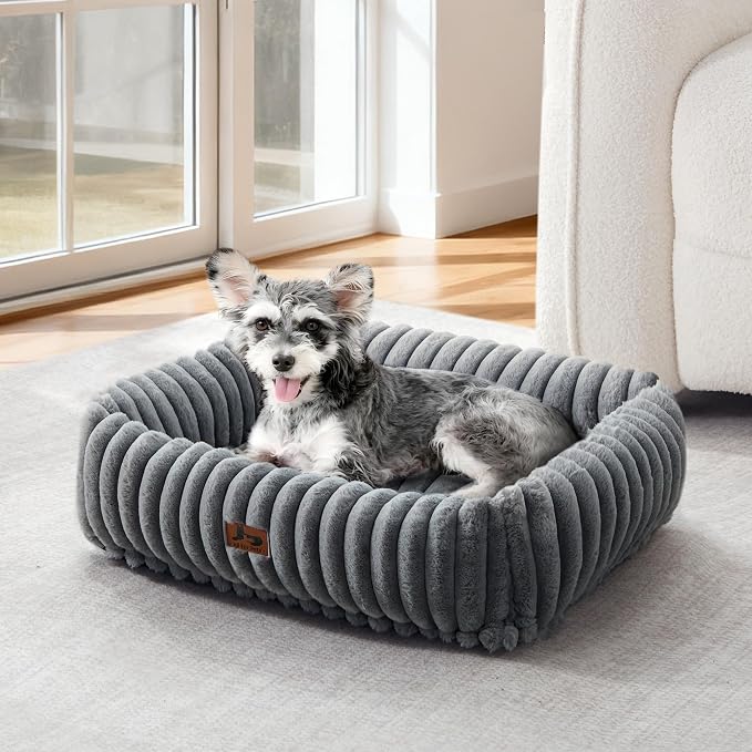 Cute Dog Bed for Small Dogs & Cats,Washable Fluffy Cat Beds for Indoor Cats, Rectangle Orthopedic Memory Foam Puppy Beds with Anti-Slip Bottom, 20 x19 x 7 Inches, Grey(20x19x6inchs)