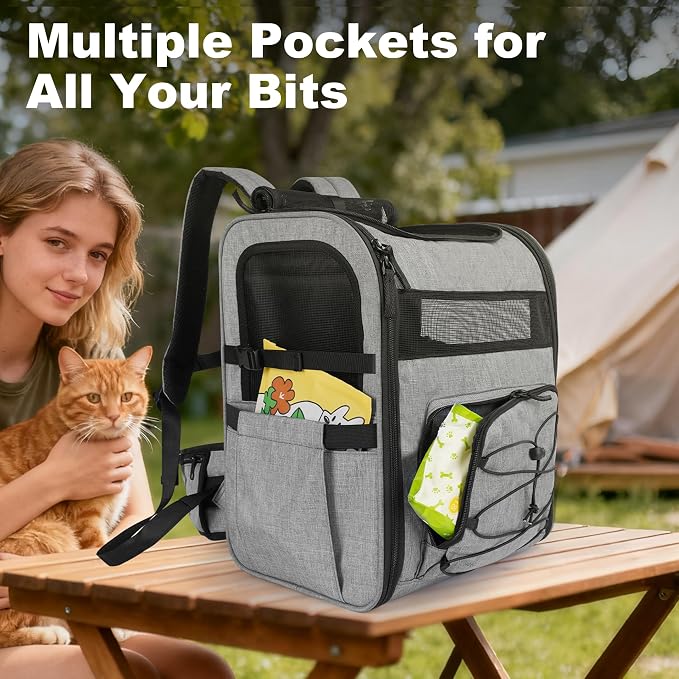 Dog Carrier Backpack for Small Dogs - Breathable Mesh Hiking Bag with Safety Buckle, Adjustable Straps and Elevated Pad - Durable for Hiking (Fits Small Cats Too, Up to 17lbs, Gray)