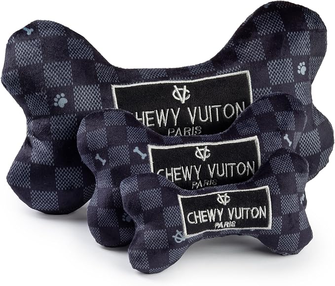 Haute Diggity Dog Chewy Vuiton Bone Plush Squeaky Dog Toy, Soft Durable Designer-Inspired Stuffed Puppy Chew Toys for Small & Medium Dogs, Machine-Washable (Black Checker) Large