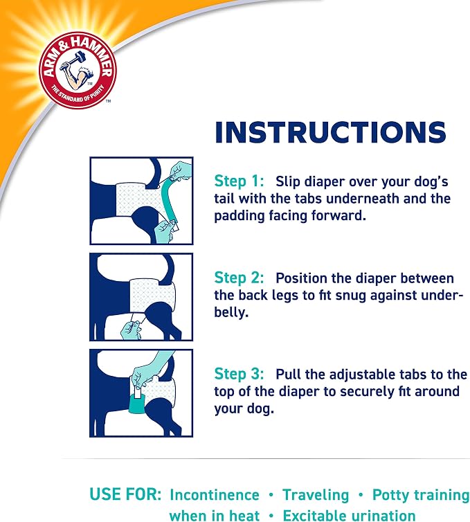 Arm & Hammer for Pets Disposable Female Dog Diapers with Odor Control and Wetness Indicator, Leak Resistant Dog Diapers for Incontinence and Heat Cycles, Size X-Small 12–15 in Waist, 12 Count