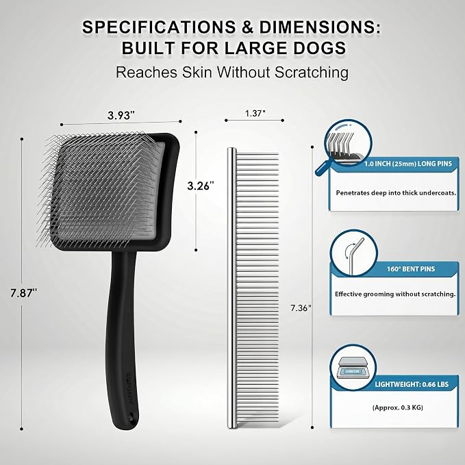 WPQAEM Slicker Brush for Large Dogs, 4PCS Dog Grooming Kit for Thick, Curly & Double Coats (Poodles, Goldendoodle, German Shepherd), Wood Handle - Black