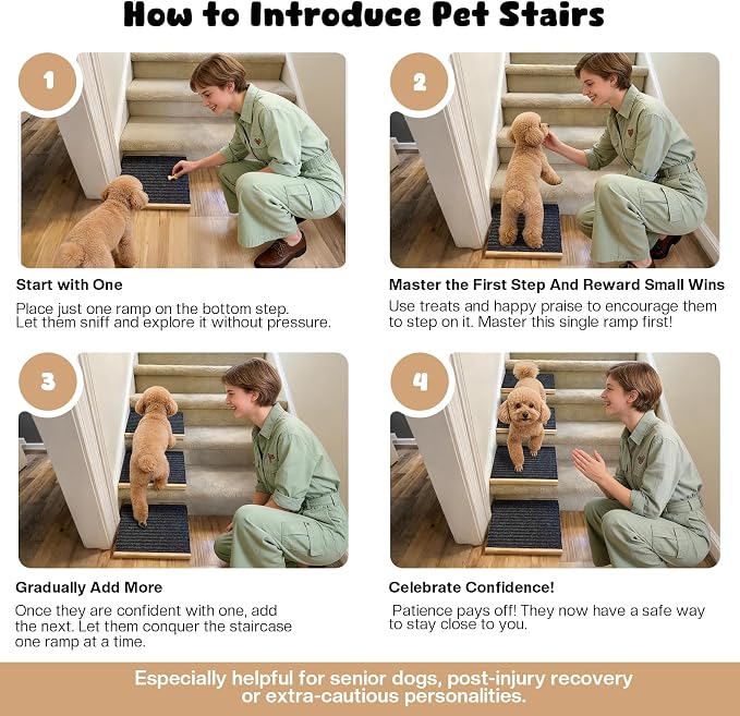 3-Pack Wooden Dog Ramp for Stairs, Anti-Slip Pet Steps for Small Dogs with Carpet Surface, Low-Angled Pet Ramps for Staircase, Steps and Stairs Assist for Injured & Aged Pets, Stairs Ramp for Dogs