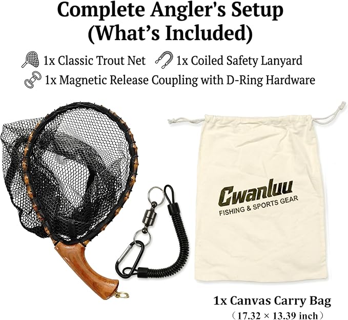 Floating Handcrafted Bamboo Fly Fishing Landing Net, Solid Wood Handle, Soft Rubber Coated Mesh for Trout, Kayak & Stream Fishing, Includes Magnetic Release & Safety Lanyard