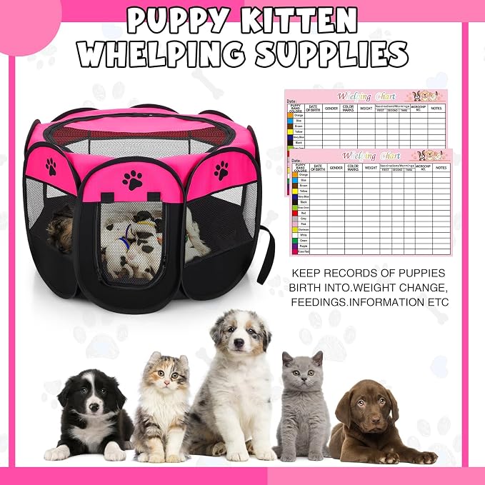 45 Pcs Puppy Dog Kitten Whelping Supplies Starter Kit for Birth Include Pet Playpen Whelping Collar Cord Clamp Bulb Aspirator Syringe Bottle Scissor Glove Bag for New Born Pet Supplies