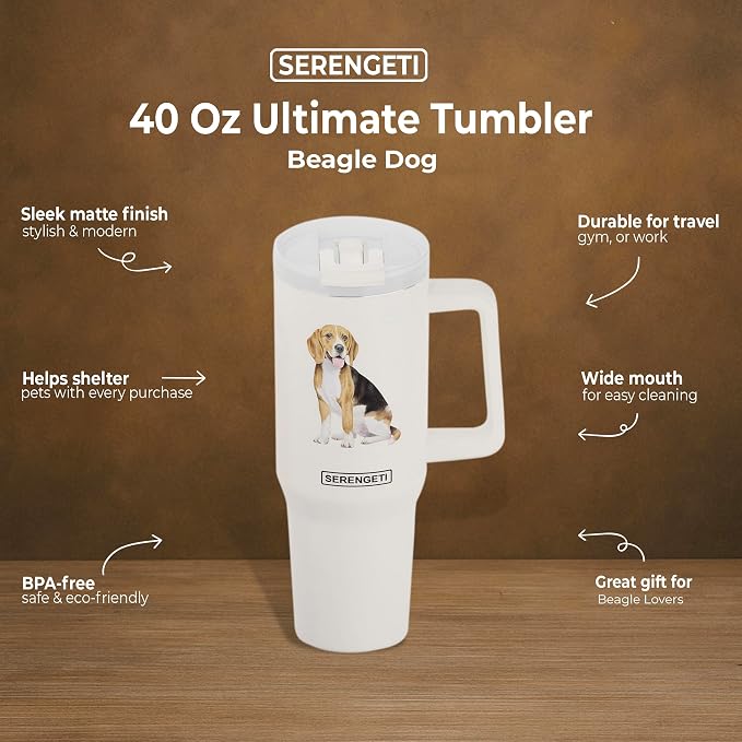 E&S Pets SERENGETI 40 Oz Ultimate Tumbler with Handle and Straw - Vacuum Insulated Tumbler with Straw and Lid - Stainless Steel Travel Mug for Pet Lovers - 3D Designs of your favorite Dog (Beagle)
