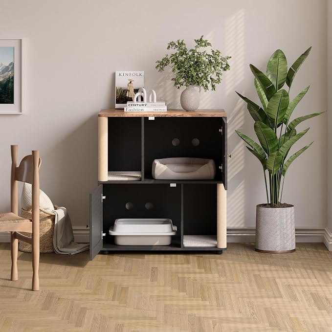 Cat Litter Box Enclosure, Two-Story Wooden Hidden Litter Box Furniture with Scratching Post, Multi-Level Cat Washroom Cabinet for 2 Cats, Reinforced Wood Frame & Ventilated Design for Small Apartment