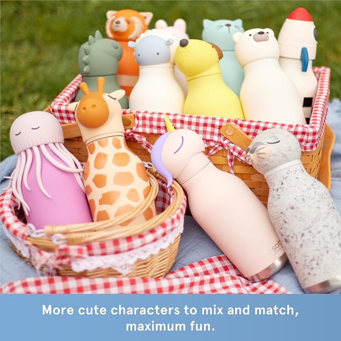 Asobu Bestie Bottle Limited Edition Collectible Kids Water Bottle with Animal Character Lid 16oz (460ml) Insulated Stainless Steel, Leakproof, Reusable with Straw Fun Gift for Girls & Boys