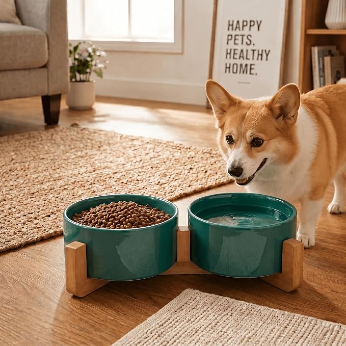 SPUNKYJUNKY Ceramic Dog and Cat Bowl Set with Wooden Stand, Modern Cute Weighted Food Water Set for Small Size Dogs (13.5OZ) & Medium Sized Dogs (28.7OZ) & Cats (3.6 Cups, 2 × Light Green)