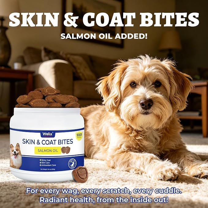 Wellix 19.4oz Dog Skin and Coat Supplement, Omega 3 Fish Oil for Dogs, Supports Healthy Skin & Shiny Coat, Itching Relief & Anti-Shedding, Tasty Dog Allergy Chews, Daily Nutritional Support