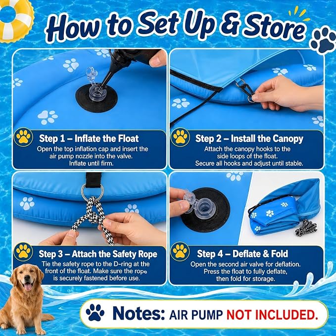 Dog Pool Float with Canopy - Heavy Duty 600D Oxford Anti-Tear Dog Raft, UPF 50+ Removable Sun Shade Inflatable Dog Float for Small, Medium & Large Dogs, Water Summer Toy for Lake & Pool, 55" x 35"