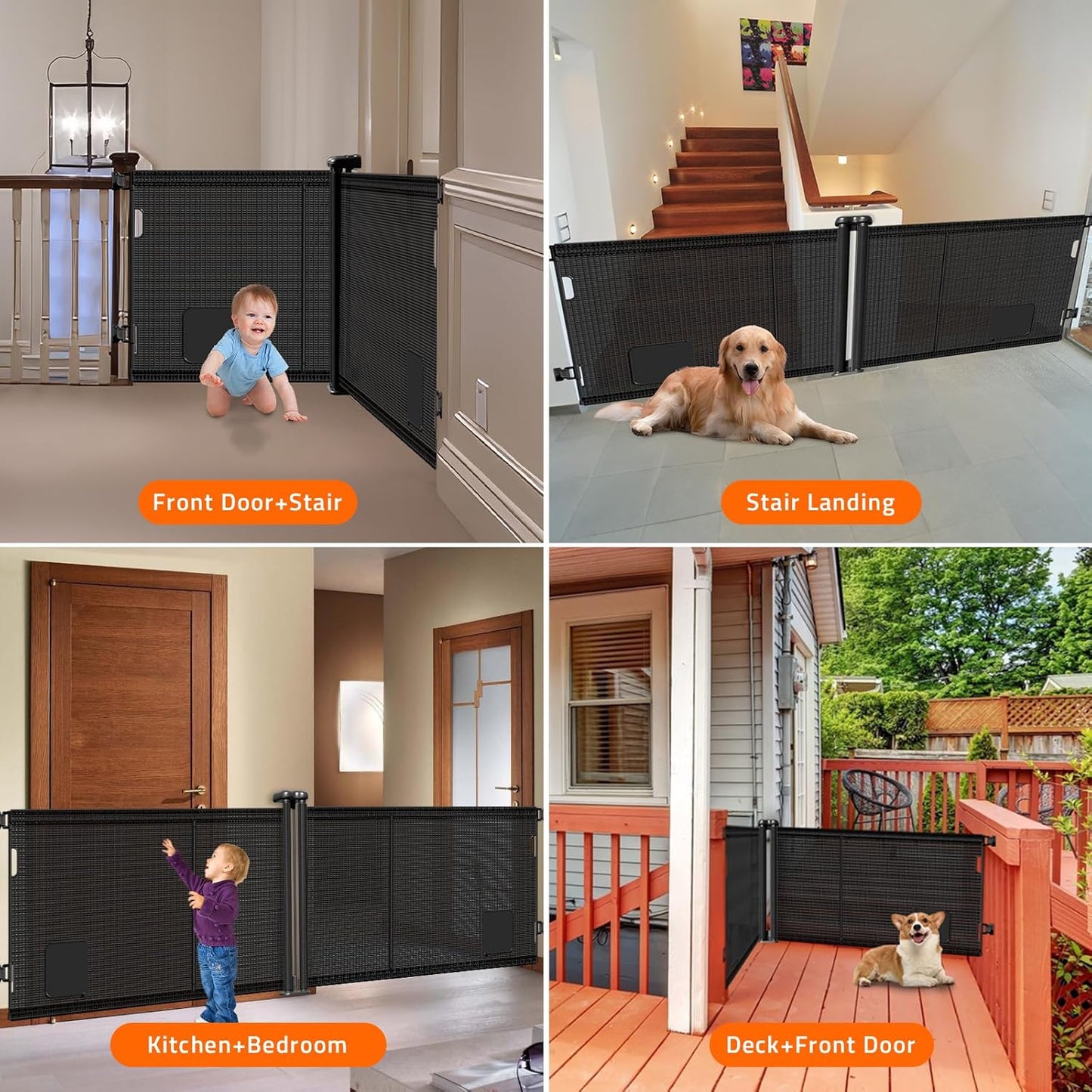 2-in-1 Retractable Baby Gates, 41" Tall Mesh Dog Gate with Cat Door 1-Pack, One Side Up to 71" Wide, Total 142" Wide, Long Retractable Pet Gate for Stairs Landing Indoor Outdoor-Black