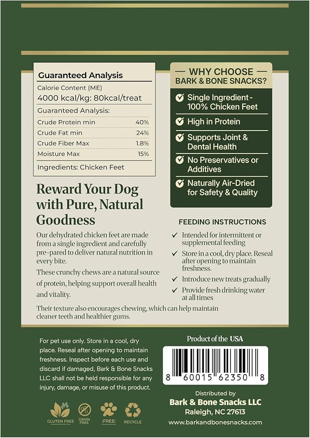 Bark & Bone Snacks Nail Free Premium Natural Chicken Feet for Dog's Treat | Single Ingredient, High Protein, 30 Count, 20 oz