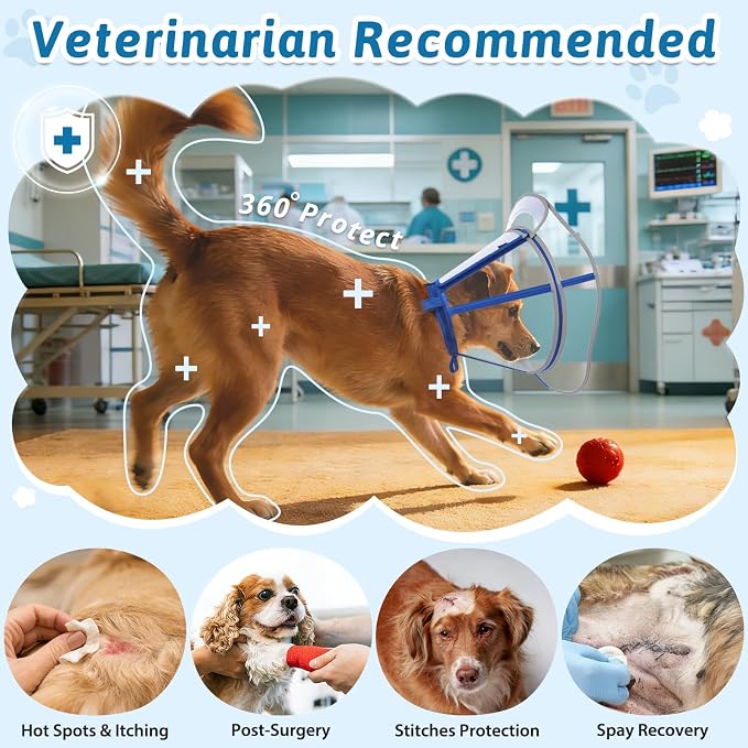 Dog Cone Collar, Clear Recovery Cone to Stop Licking, Adjustable Depth for Large Dogs, E-Collar with Reflective Strip for Night Visibility After Neuter Blue XL