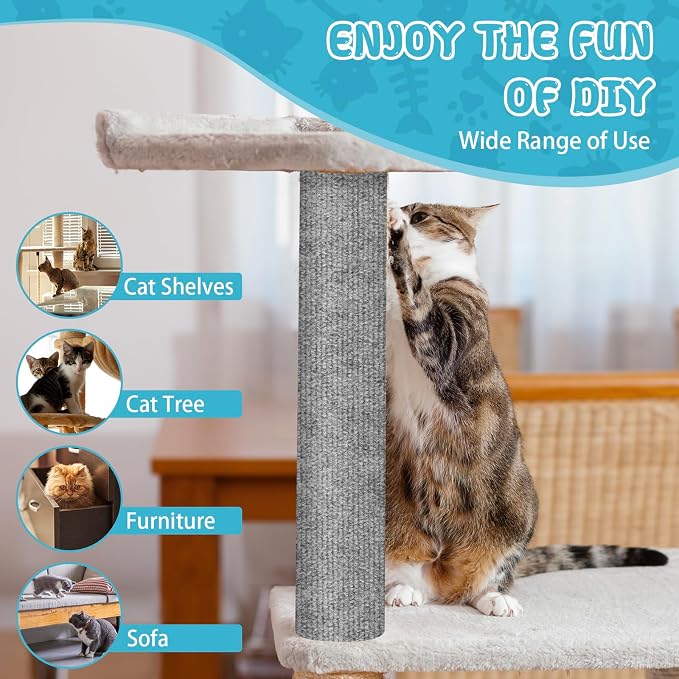 Climbing Cat Scratcher Mat Trimmable Cat Scratching Post Carpet 39.3’’x15.8’’ Self Adhesive Carpet Mat Pad Replacement for Cat Tree Shelves Post Couch Wall Furniture Steps DIY Protector (Light Gray)