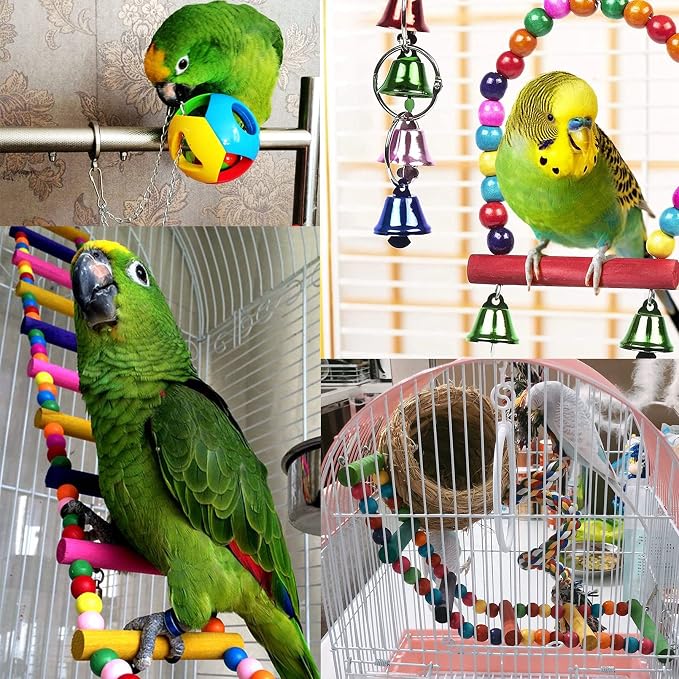 Hamiledyi No Mess Bird Cage Feeder 2Pack Automatic Parrot Seed Feeders with Perch Acrylic and Bird Parrot Swing Chewing Toy Set 15PCS Colorful Pet Birds Cage Toys for Small Parakeet Cockatiel Conures