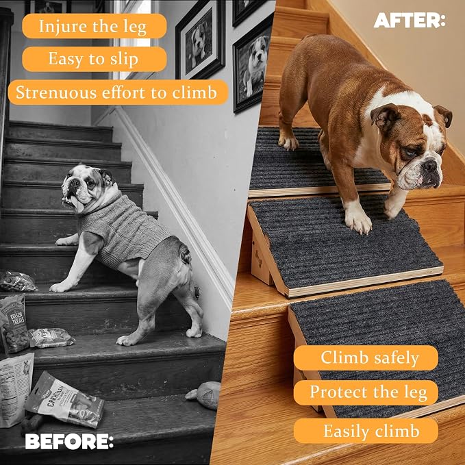 3 Pack Wooden Dog Ramp for Stairs,13L*9W*5H''+26°Slope,Fit for Stair 9-11D''5-7''H,Friendly to Short-Legged/Small/Injured/Aged Dogs with High Support,with Anti-Slip Pads for Climbing Safely