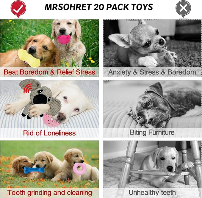 MRSOHRET 20Pcs Puppy Chew Toys for Teething, Dog Chew Toys with Rope Toys, Pet Dog Toothbrush, Treat Balls, Plush Toys and Squeaky Toy for Small Medium Dogs with Basket