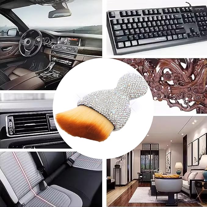 Car Interior Brush Blingbling Car Accessories for Women,2Pack Dust Sweeping Soft Brush with Rhinestone Handle,Detailing Brush Cleaner for Air Conditioner Vents, Computer Keyboard, etc (Sliver 2PCS)