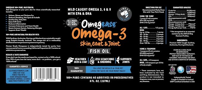 100% Pure Fish Oil for Dogs & Cats (1,545mg Omega 3 per Teaspoon) 8oz. Loaded with EPA & DHA for Joints, Skin & Coat, Itching, Heart & Immune Health. Stronger Than Salmon Oil. Unflavored Omegease.