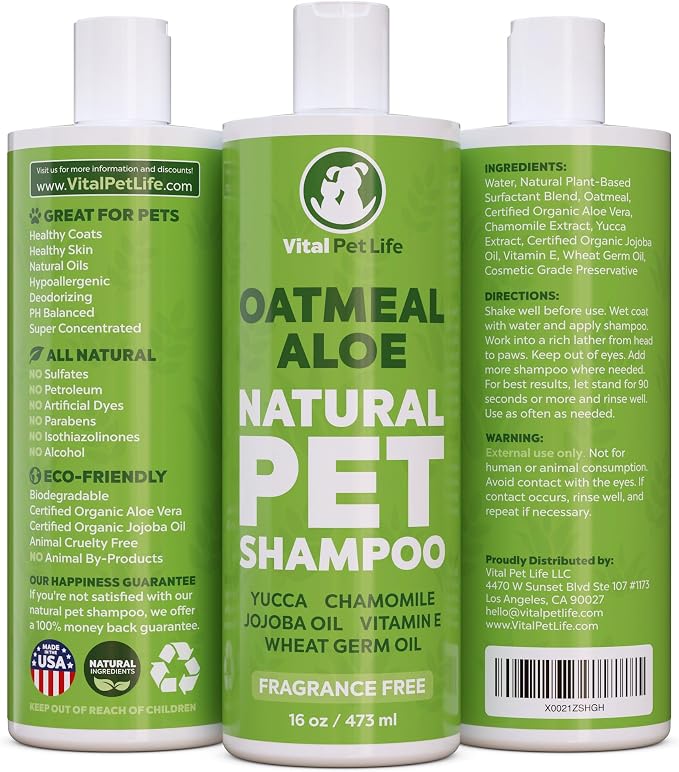 Dog Shampoo with Oatmeal, Aloe Vera, Chamomile, Jojoba Oil, Vitamin E - Natural Ingredients, Helps Allergies Dry Coats & Itchy Sensitive Skin, No Parabens or Artificial Dyes, 16 oz