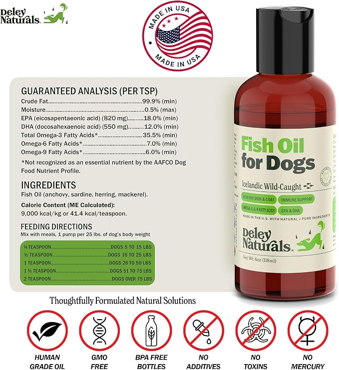 Deley Naturals Fish Oil for Dogs - Itch Relief for Dogs with Omega 3 6 9 for Skin, Joints, Heart and Brain Health - Icelandic Omega 3 Fish Oil for Dogs Skin Irritation - 4oz Omega Oil Made in USA