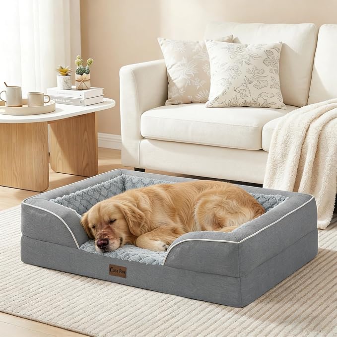 Orthopedic Dog Beds for Extra Large Sized Dogs 53x42 Inch, XXL Waterproof Egg Crate Foam Dog Sofa Bed with Removable Washable Cover Big Pet Couch with Bolster & Non-Slip Bottom, Grey
