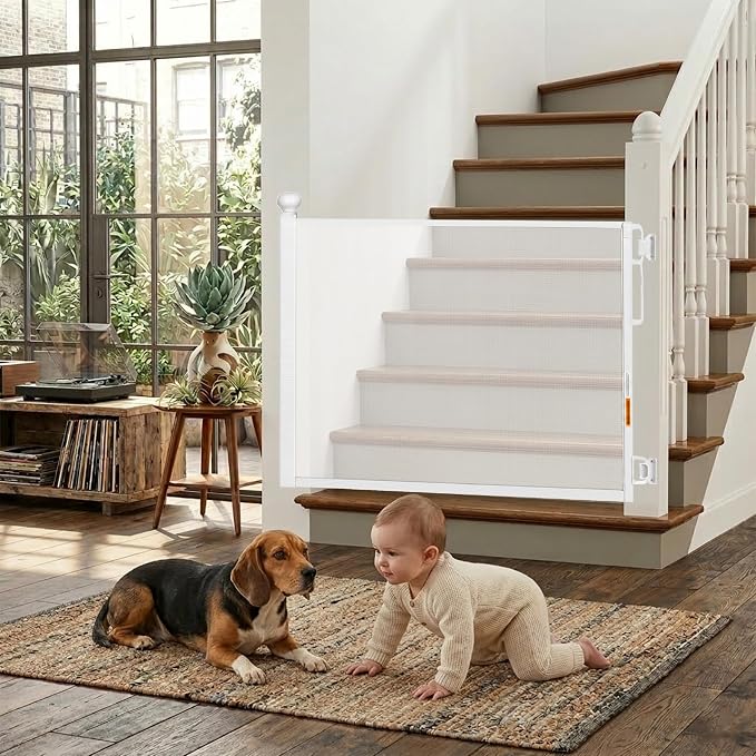 Retractable Baby Gate - 72" Wide Mesh Dog Gate with Support Rods - 34" Tall for Stairs, Doorways, Hallways - Drill or No-Drill - Pet & Cat Gate - Outdoor/Indoor (White, 5.91 Feet)