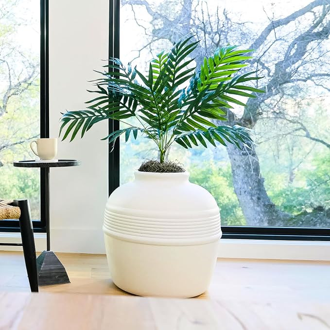 Good Pet Stuff Original Hidden Litter Box Planter, Decorative Cat Litter Enclosure, Carbon Filter, Faux Plant, Round Design, Easy to Clean, Base Kit, Palm Plant, Soft White