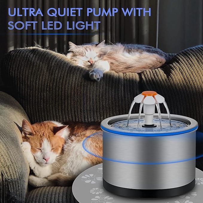 Cat Water Fountain Stainless Steel, 84oz/2.5L Pet Water Fountain with LED Night Light, Automatic Drinking Fountain for Cats, Dogs and Other Pets