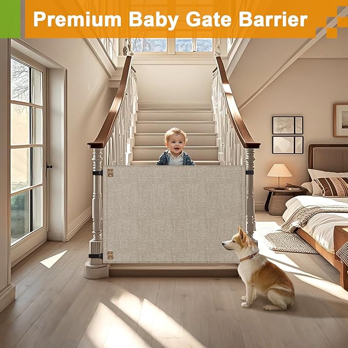 Baby Fabric Gate for Stairs Banisters - Dog and Pet Safety Barrier Gates for Stairway - No Drill Banister to Banister Baby Kids Gates for Stairs (Apricot, Wide 40" to 48" Height 34")