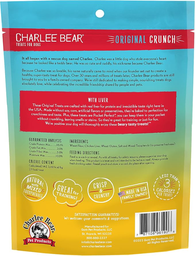 Charlee Bear Original Crunch Dog Training Treats, Liver Flavor, 3 Calories Each, Low Calorie Natural Rewards for Puppies to Adult Dogs, Made in USA, 16 oz (6-Pack)