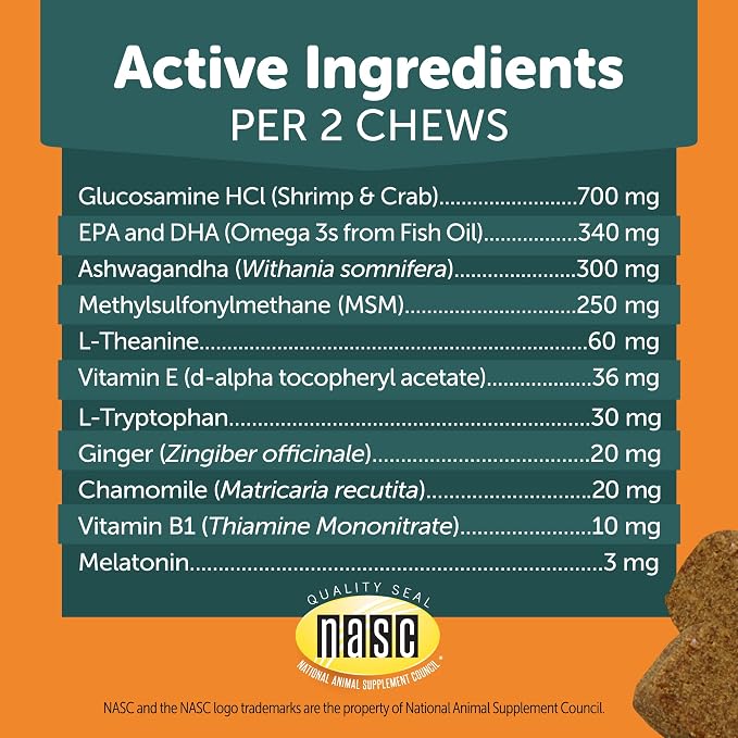 ThunderBites Calm + Hip & Joint Daily Supplement for Dogs, Soft Chews, Supports Joint Health Plus Calming from Daily stressors, Includes Glucosamine, Omega 3s, MSM, Melatonin, Ashwaganda, 90 Count