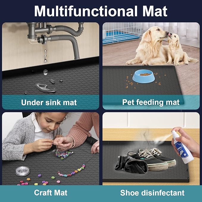 Under Sink Mat - 37" x 22" Waterproof Kitchen Cabinet Mat - Flexible Silicone Under Sink Liner - Kitchen Bathroom Cabinet Mat and Protector for Drips Leaks Spills (Black)