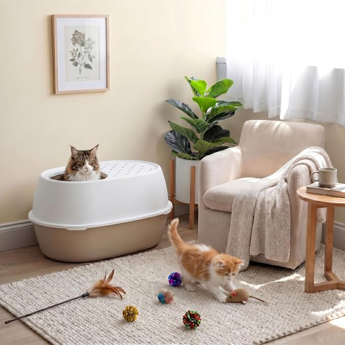 IRIS USA Extra Large Litter Box with Lid, Top Entry, Jumbo Enclosed Covered Litter Box for Large Cats, 19" L x 29" W x 15" H, Dog-Proof 4-Buckle Design, Reduced Tracking Lid, Beige/White