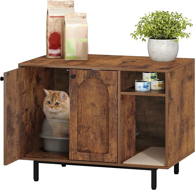 Hzuaneri Cat Litter Box Enclosure Enclosed, Hidden Litter Box Cabinet Furniture with Storage, Wooden Indoor Cat House Large, Modern End Table for Living Room Entryway, Rustic Brown and Black CB01501B