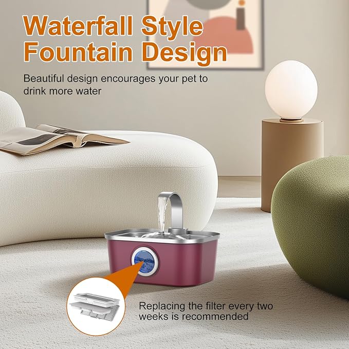 Bobo&Dragon Stainless Steel Cat Water Fountain, 124oz/3.5L Automatic Dog Water Dispenser - Ultra Quiet Faucet Flow, Smart Window & Fresh Filtered Hydration, Dishwasher Safe for Multi-Pet Cosmic Berry